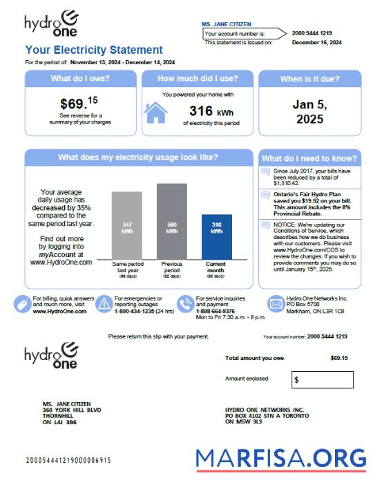 Downloadable Canada Hydro One utility bill template in Word and PDF formats, version 2
